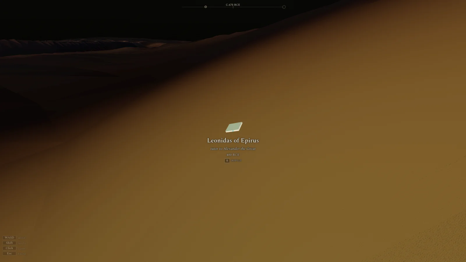 A single pale book on a dark dune, the inspect card naming Leonidas of Epirus, with empty desert in every direction.